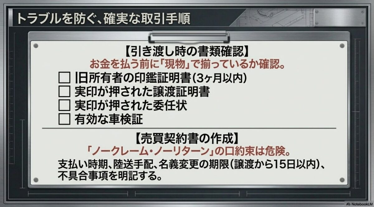 トラブルを防ぐ確実な取引手順。引き渡し時の書類確認一覧と売買契約書に記載すべき項目