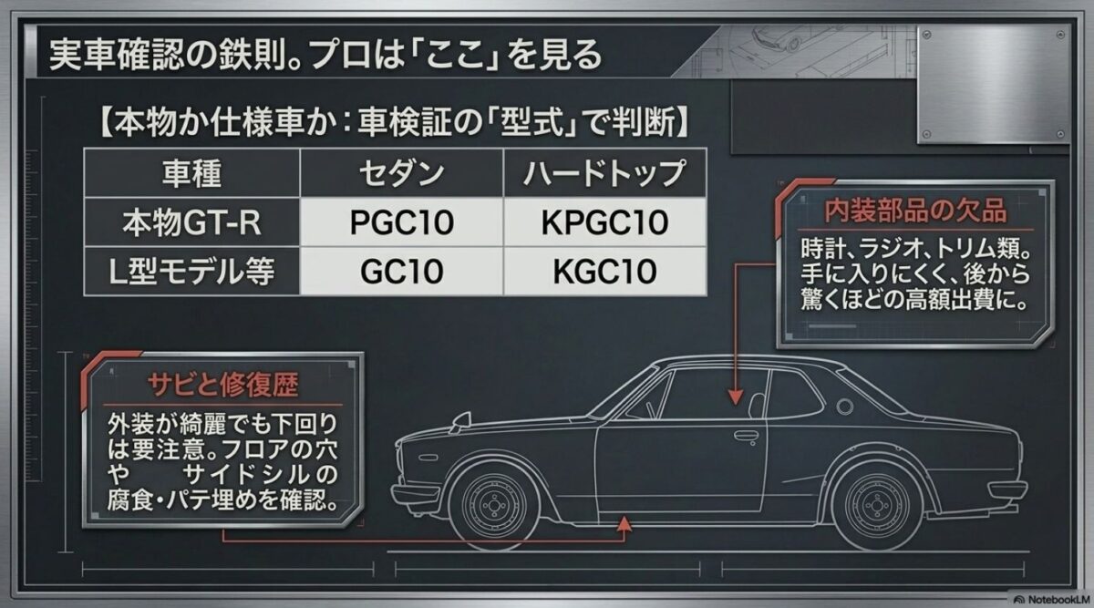実車確認の鉄則。車検証の型式での本物GT-Rと仕様車の判別、内装部品の欠品、サビと修復歴の確認ポイント