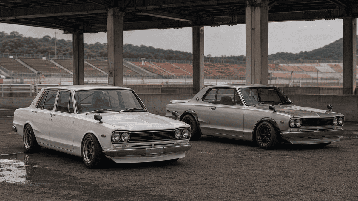 サーキットに並ぶ4ドアと2ドアのハコスカGT-Rをイメージしたクラシックカー