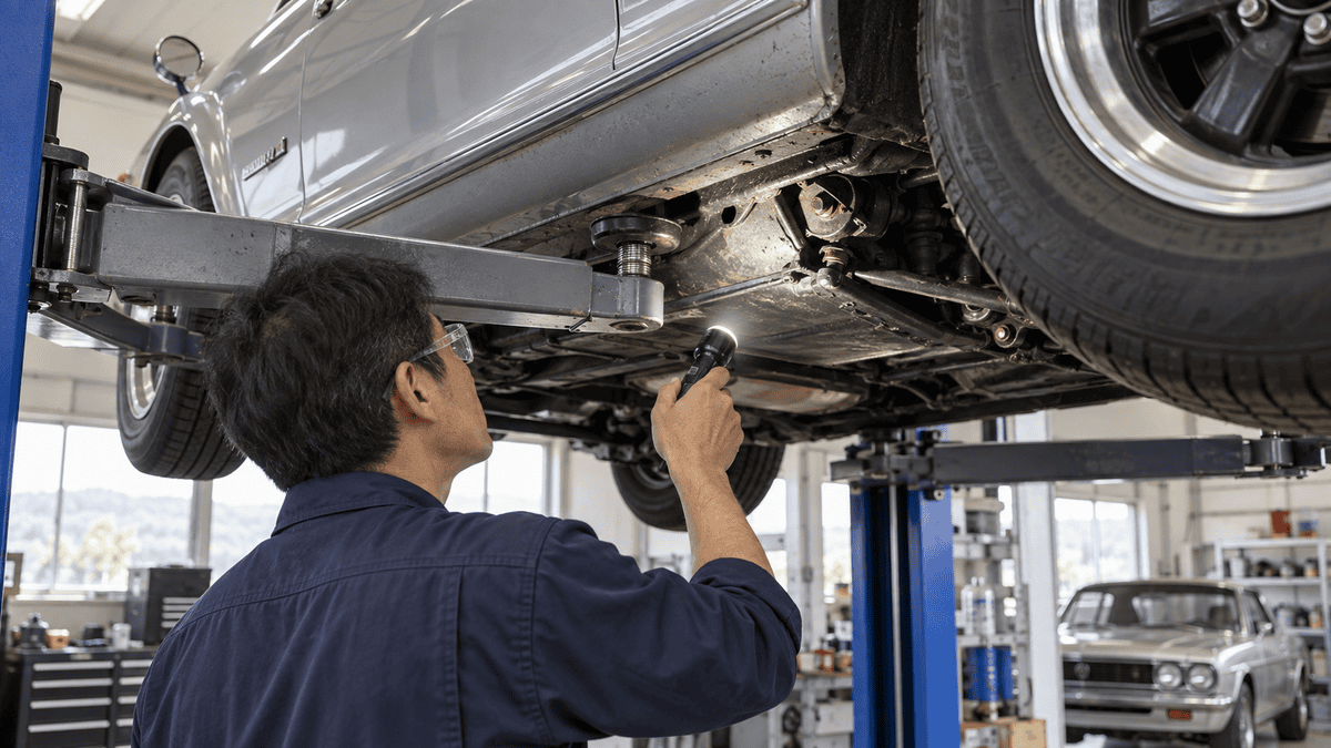 明るい整備工場でリフトに載せた旧車の下回りを、点検灯で照らして確認する作業者